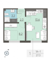 Однокомнатная квартира 27.3 м²