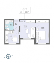 Двухкомнатная квартира 36.9 м²
