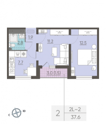 Двухкомнатная квартира 37.6 м²