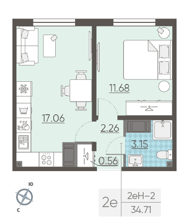 Однокомнатная квартира 34.71 м²