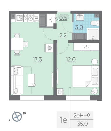 Однокомнатная квартира 35 м²