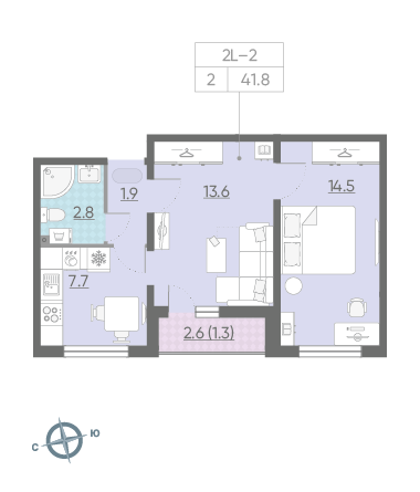 Двухкомнатная квартира 41.8 м²