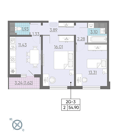 Двухкомнатная квартира 54.5 м²