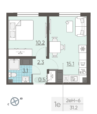 Однокомнатная квартира 31.2 м²