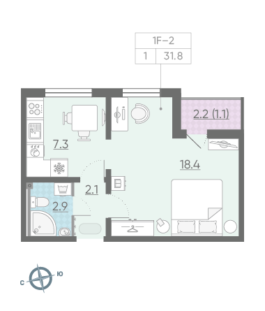 Однокомнатная квартира 31.8 м²