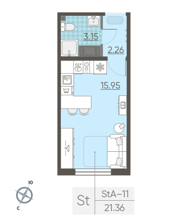 Студия 21.36 м²