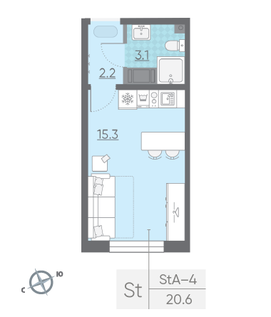 Студия 20.6 м²