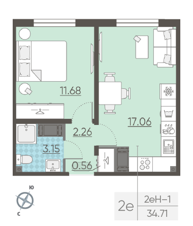 Однокомнатная квартира 34.71 м²