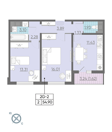 Двухкомнатная квартира 54.4 м²