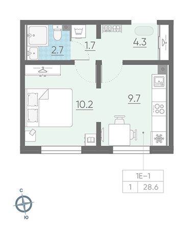 Однокомнатная квартира 28.6 м²