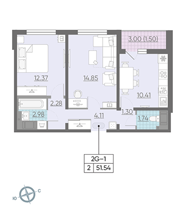 Двухкомнатная квартира 52.1 м²