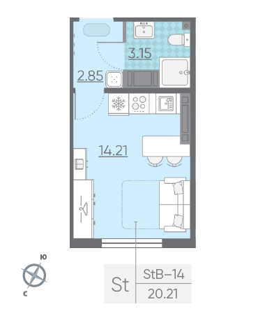 Студия 20.21 м²