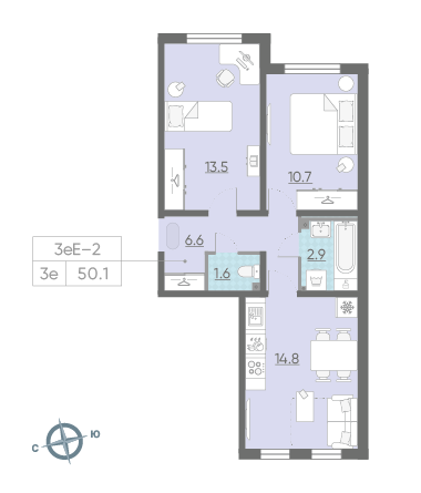 Двухкомнатная квартира 50.1 м²