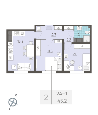Двухкомнатная квартира 45.2 м²