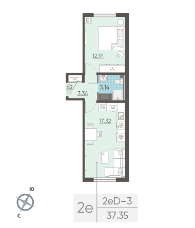 Однокомнатная квартира 37.35 м²
