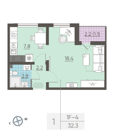 Однокомнатная квартира 32.3 м²