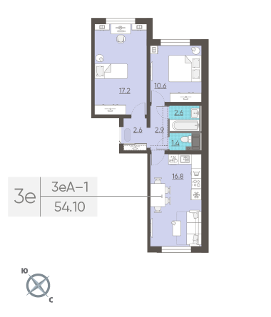 Двухкомнатная квартира 54.1 м²