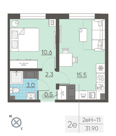 Однокомнатная квартира 31.9 м²
