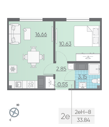 Однокомнатная квартира 33.84 м²