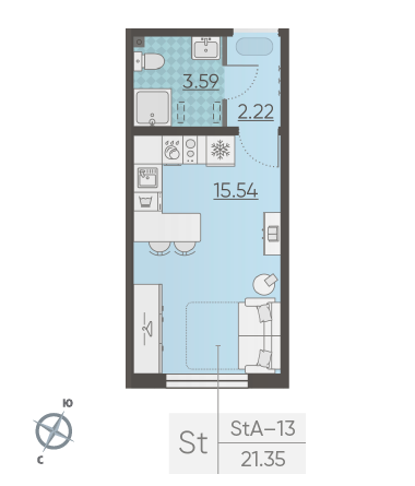 Студия 21.35 м²