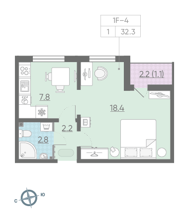 Однокомнатная квартира 32.3 м²