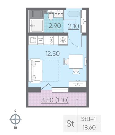 Студия 18.6 м²