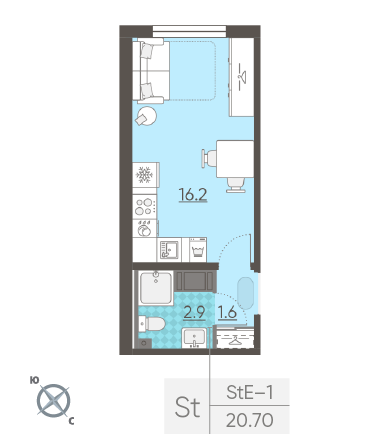Студия 20.7 м²