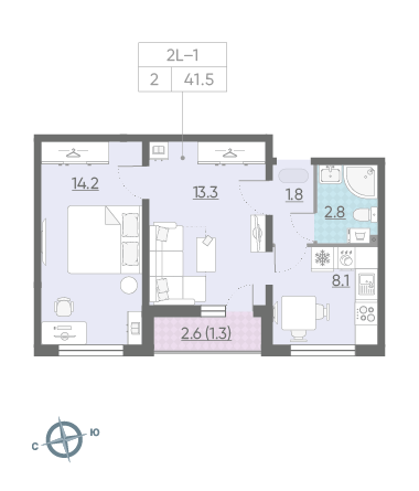 Двухкомнатная квартира 41.5 м²