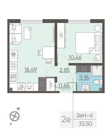 Однокомнатная квартира 33.5 м²