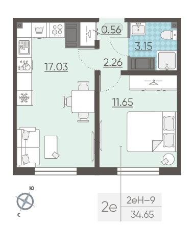 Однокомнатная квартира 34.65 м²