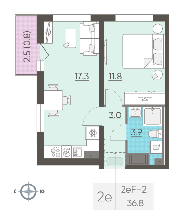 Однокомнатная квартира 36.8 м²