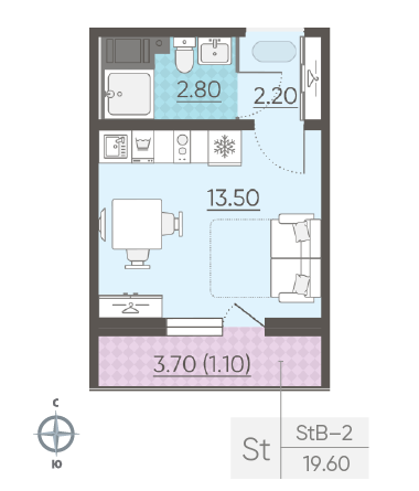 Студия 19.6 м²