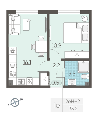 Однокомнатная квартира 33.2 м²