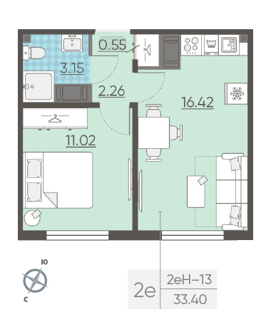Однокомнатная квартира 33.4 м²