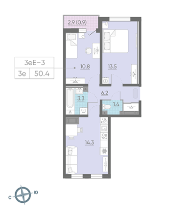Двухкомнатная квартира 50.4 м²