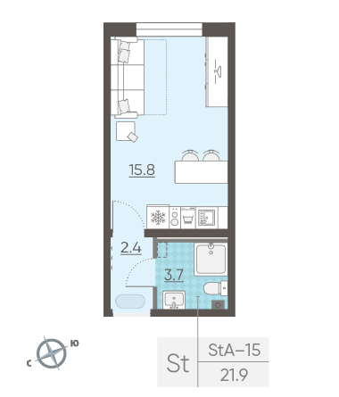 Студия 21.9 м²