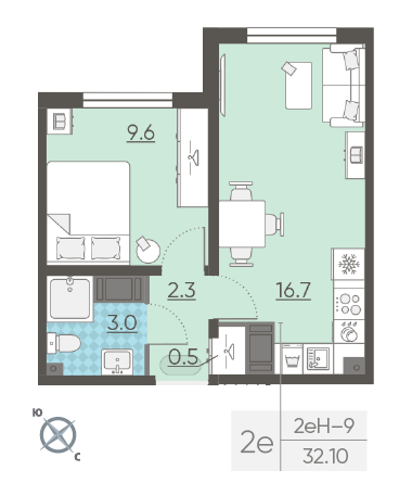 Однокомнатная квартира 32.1 м²