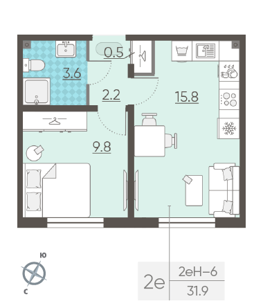Однокомнатная квартира 31.9 м²