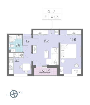 Двухкомнатная квартира 42.3 м²