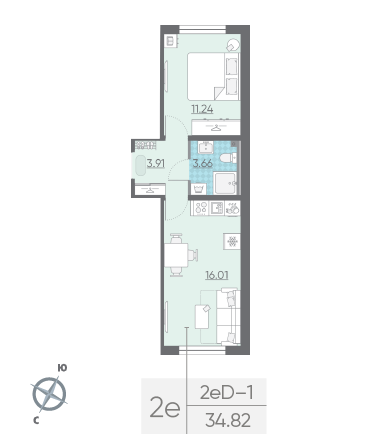 Однокомнатная квартира 34.82 м²