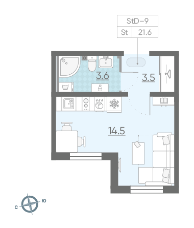 Студия 21.6 м²