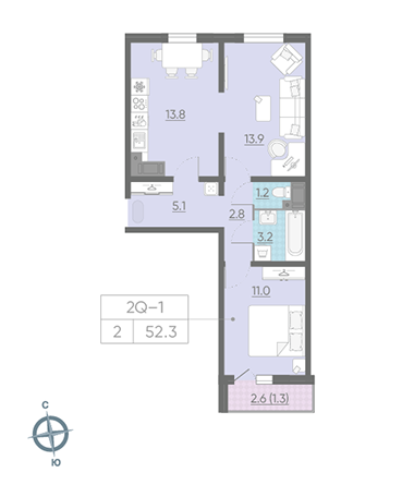 Двухкомнатная квартира 52.3 м²