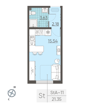 Студия 21.35 м²
