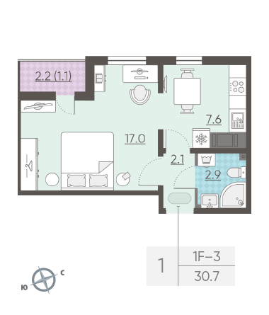 Однокомнатная квартира 30.7 м²