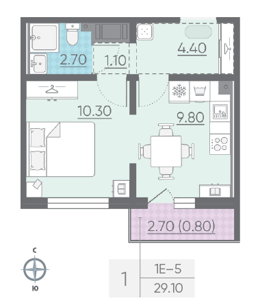 Однокомнатная квартира 29.1 м²