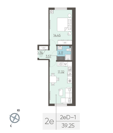 Однокомнатная квартира 39.25 м²