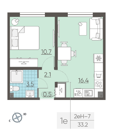 Однокомнатная квартира 33.2 м²