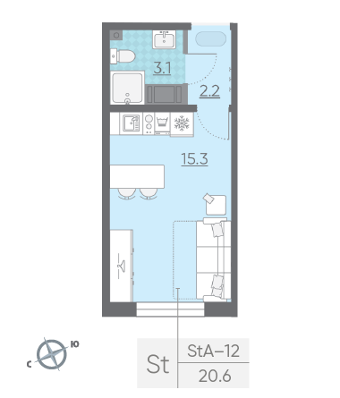 Студия 20.6 м²