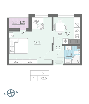 Однокомнатная квартира 32.5 м²