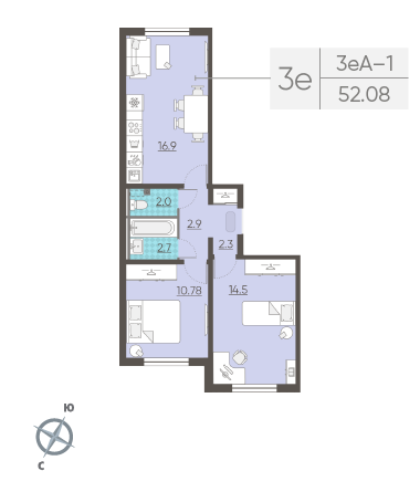 Двухкомнатная квартира 52.2 м²